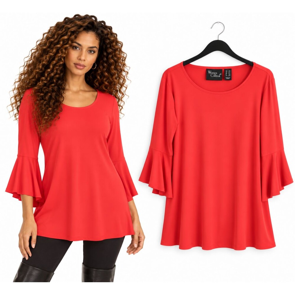Women With Control Renee Greenstein Stretch Tunic Top Large Tall Red Bell Sleeve